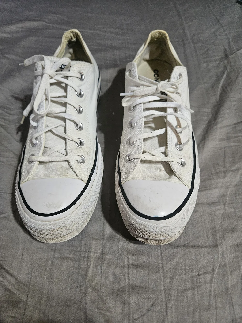 Converse White Platform Canvas Low Top Sneakers with Black Stripe, Size 10 Women